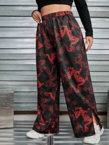 SHEIN EZwear Hơn Bản in rồng Trung Quốc Viền chia cắt quần ống rộng Quần thể thao - Nhiều màu - Xem 1