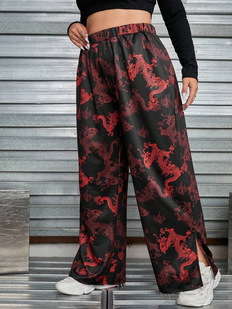 SHEIN EZwear Hơn Bản in rồng Trung Quốc Viền chia cắt quần ống rộng Quần thể thao - Nhiều màu - Xem 1