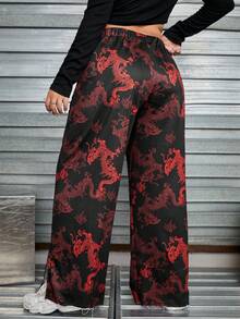 SHEIN EZwear Hơn Bản in rồng Trung Quốc Viền chia cắt quần ống rộng Quần thể thao - Nhiều màu - Xem 2