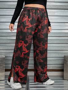 SHEIN EZwear Hơn Bản in rồng Trung Quốc Viền chia cắt quần ống rộng Quần thể thao - Nhiều màu - Xem 4