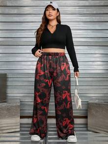 SHEIN EZwear Hơn Bản in rồng Trung Quốc Viền chia cắt quần ống rộng Quần thể thao - Nhiều màu - Xem 5