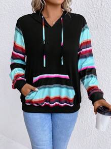 SHEIN Plus Striped  Pocket Drawstring Hoodie Winter Fall Autumn