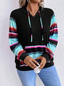 SHEIN Plus Striped  Pocket Drawstring Hoodie Winter Fall Autumn