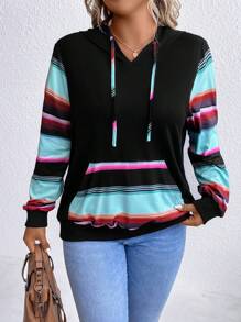 SHEIN Plus Striped  Pocket Drawstring Hoodie Winter Fall Autumn