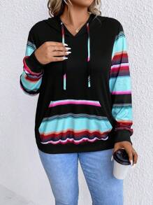 SHEIN Plus Striped  Pocket Drawstring Hoodie Winter Fall Autumn