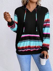 SHEIN Plus Striped  Pocket Drawstring Hoodie Winter Fall Autumn