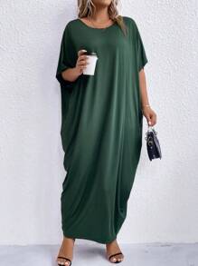 Calvaya Đầm Maxi Tay Cánh Dơi Trơn Plus Trang Phục Cho Nữ - Màu xanh lá cây đậm - Xem 4