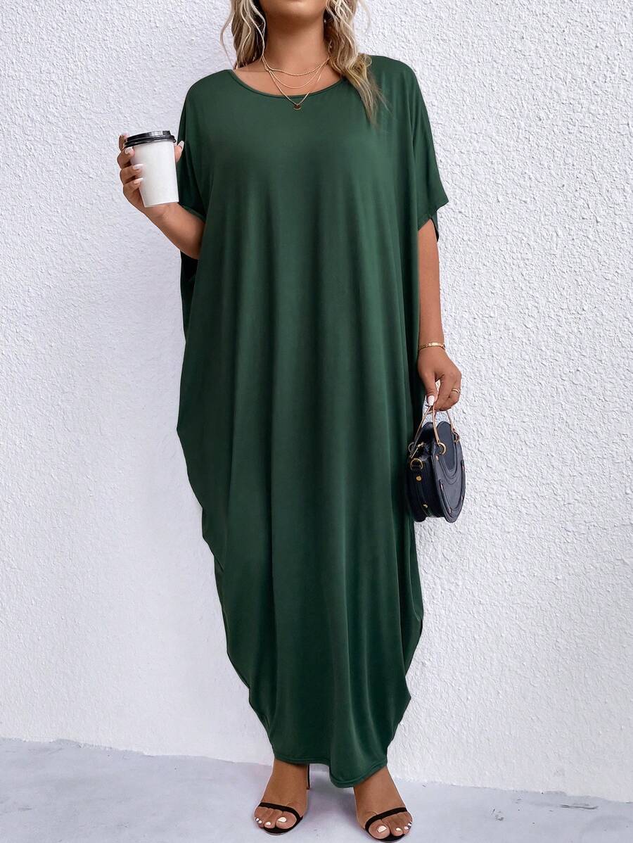 Calvaya Đầm Maxi Tay Cánh Dơi Trơn Plus Trang Phục Cho Nữ - Màu xanh lá cây đậm - Xem 1