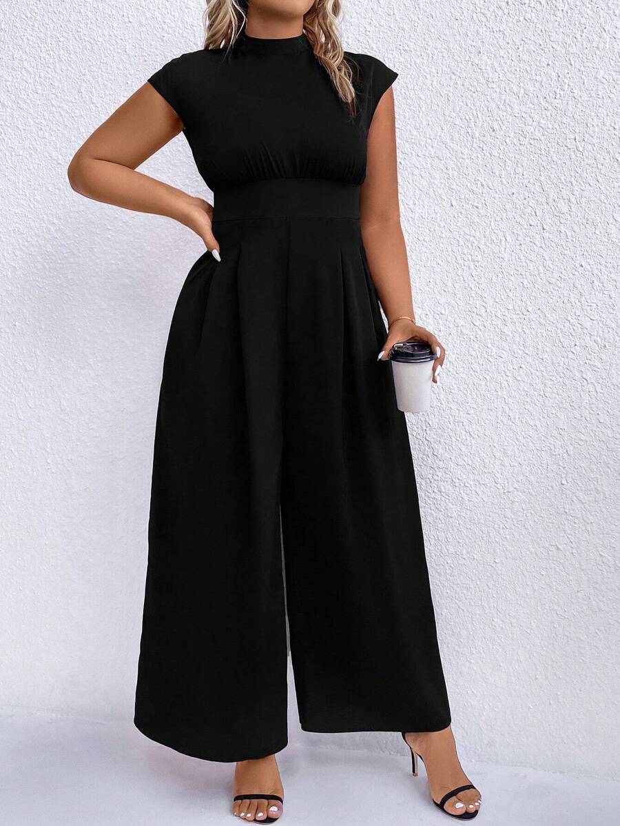 SHEIN Unity 大碼小高領闊腿連體褲 - 黑色 - 查看 1