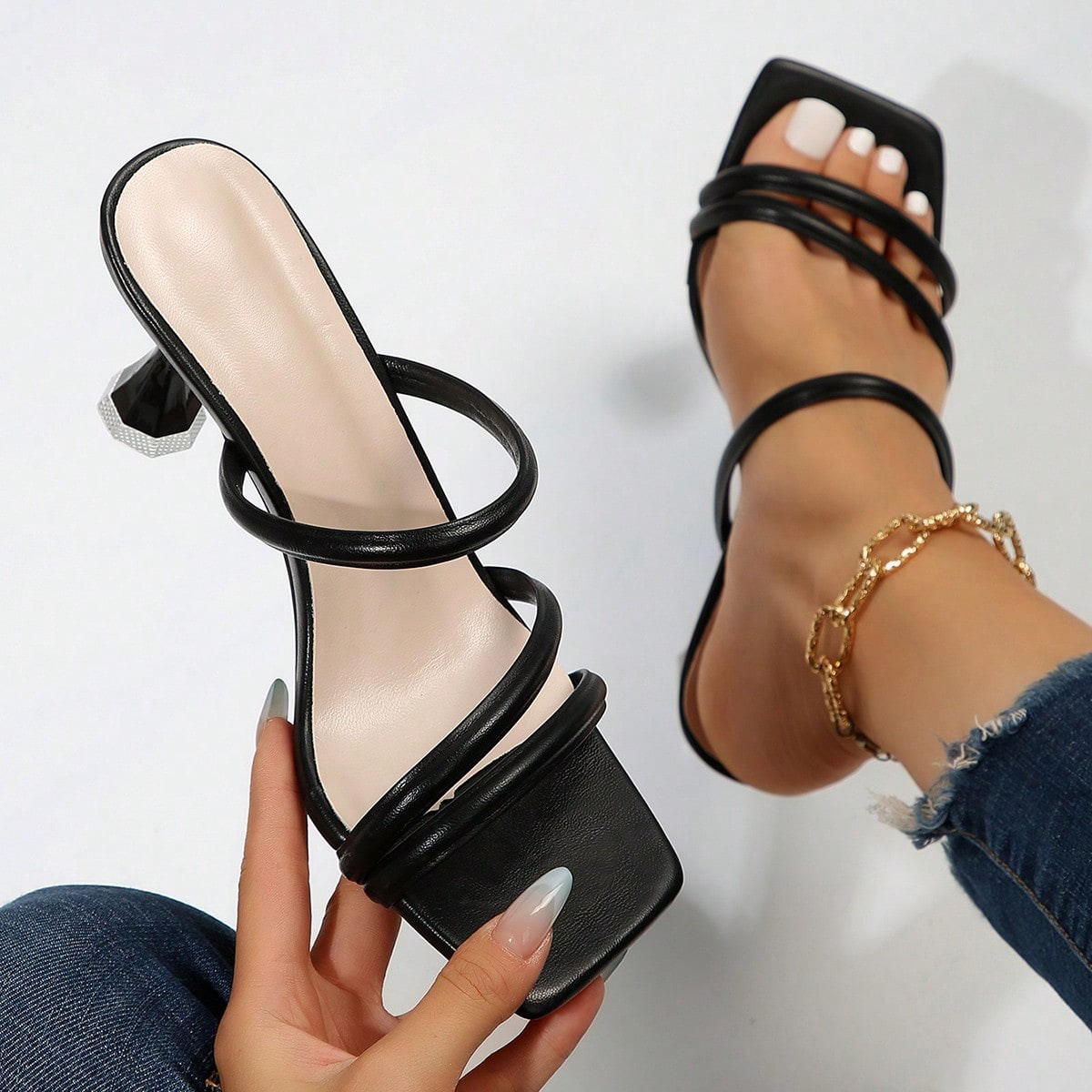 Nuevas sandalias de tacón cuadrado estrecho de verano con diseño único y correa con hebilla, adecuadas para ir al trabajo, negocios, banquetes, fie