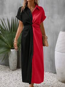 SHEIN Clasi Two Tone Twist Front Batwing Sleeve Shirt Dress - Black - View 1