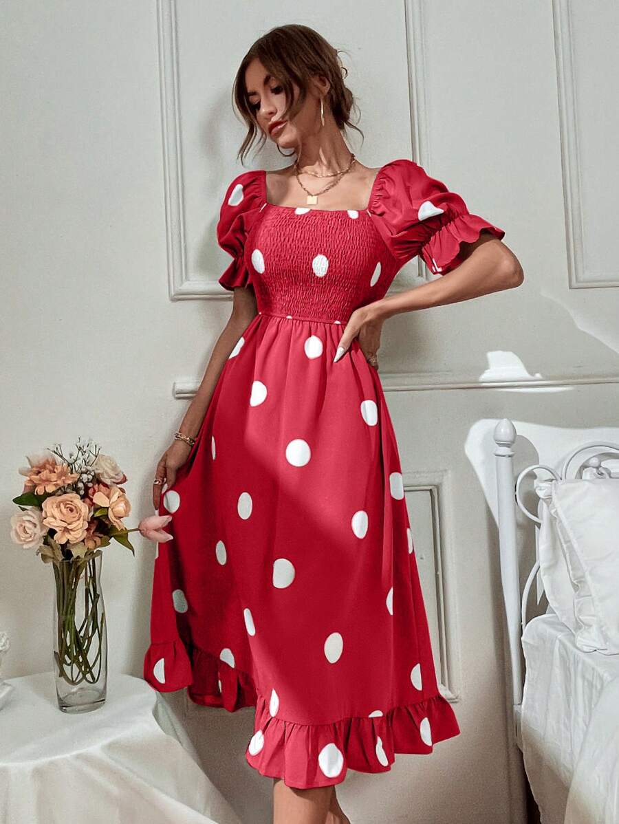 SHEIN Clasi Polka Dot Print Square Neck Puff Sleeve Ruffle Hem Dress - Red - View 1