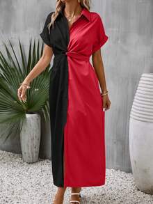 SHEIN Clasi Two Tone Twist Front Batwing Sleeve Shirt Dress - Black - View 4