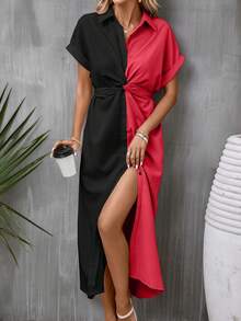 SHEIN Clasi Two Tone Twist Front Batwing Sleeve Shirt Dress - Black - View 5