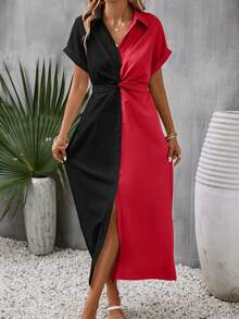 SHEIN Clasi Two Tone Twist Front Batwing Sleeve Shirt Dress - Black - View 6