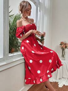SHEIN Clasi Polka Dot Print Square Neck Puff Sleeve Ruffle Hem Dress - Red - View 4