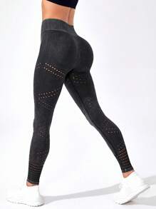 挖空純色運動打底褲 - 黑色 - 查看 1