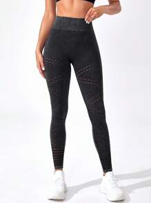 挖空純色運動打底褲 - 黑色 - 查看 2