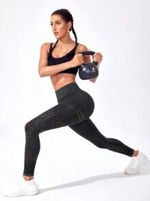 挖空純色運動打底褲 - 黑色 - 查看 3