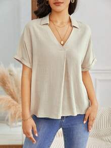 SHEIN Frenchy 素色蝙蝠袖襯衫 - 杏色 - 查看 4