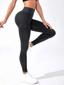 挖空純色運動打底褲 - 黑色 - 查看 5