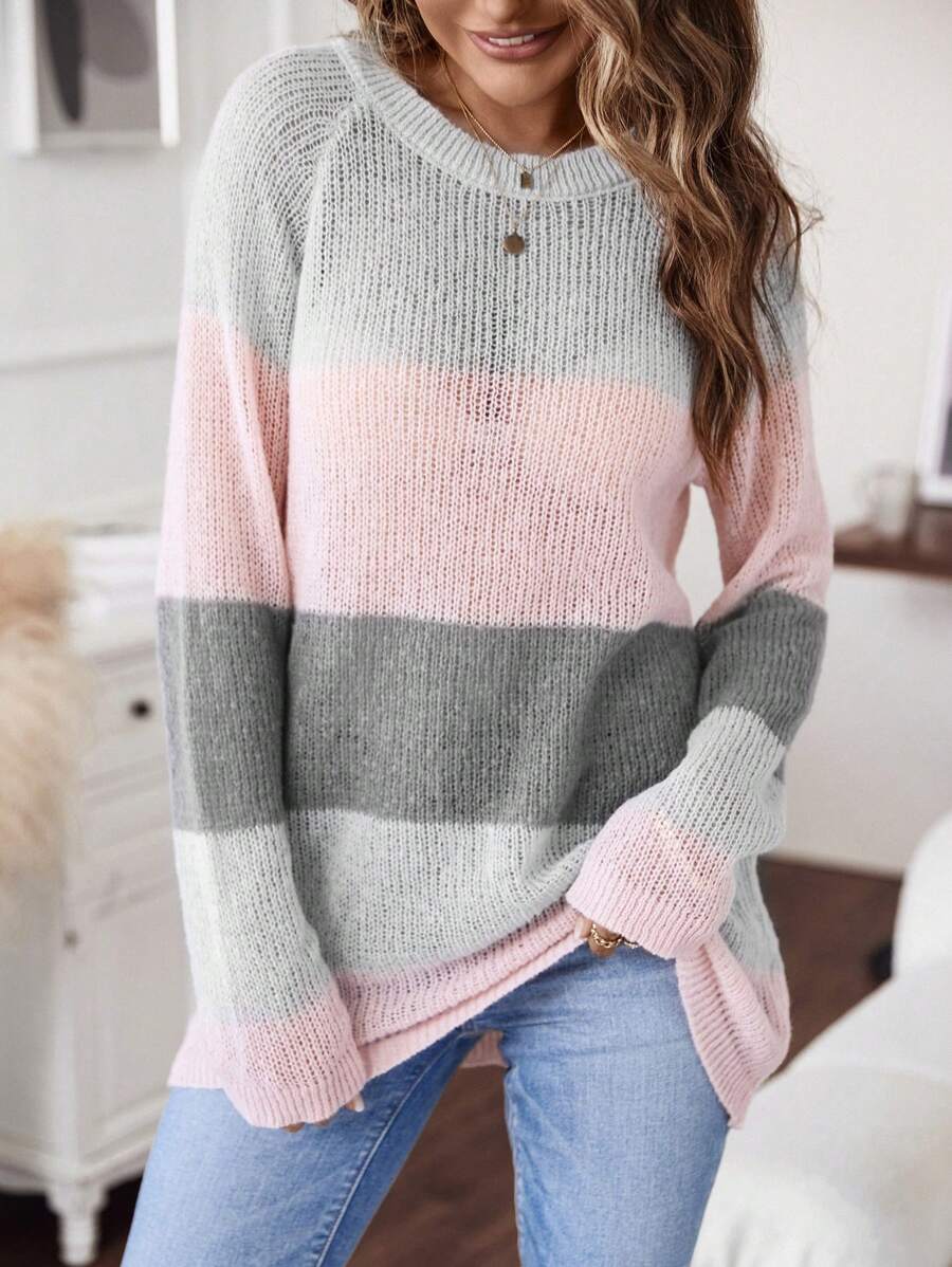 SHEIN LUNE 撞色插肩袖套頭毛衣 - 彩色 - 查看 1