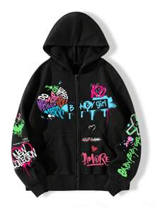 SHEIN EZwear Áo khoác nỉ giữ nhiệt có khóa kéo, in chữ, cỡ lớn, lót lông. - màu đen - Xem 1