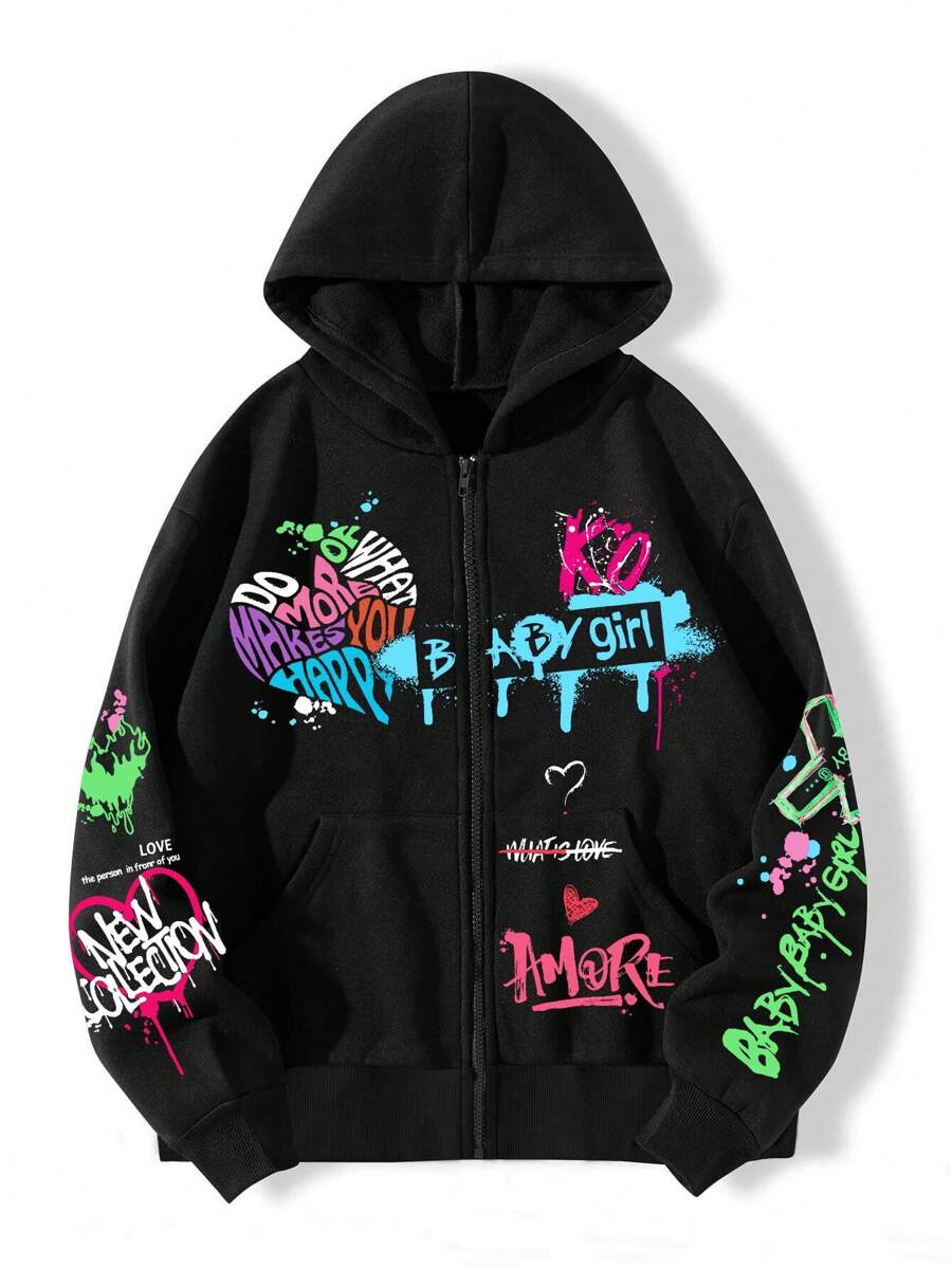 SHEIN EZwear Áo khoác nỉ giữ nhiệt có khóa kéo, in chữ, cỡ lớn, lót lông. - màu đen - Xem 1