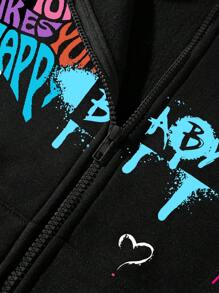 SHEIN EZwear Áo khoác nỉ giữ nhiệt có khóa kéo, in chữ, cỡ lớn, lót lông. - màu đen - Xem 3