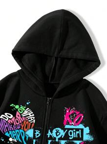 SHEIN EZwear Áo khoác nỉ giữ nhiệt có khóa kéo, in chữ, cỡ lớn, lót lông. - màu đen - Xem 4