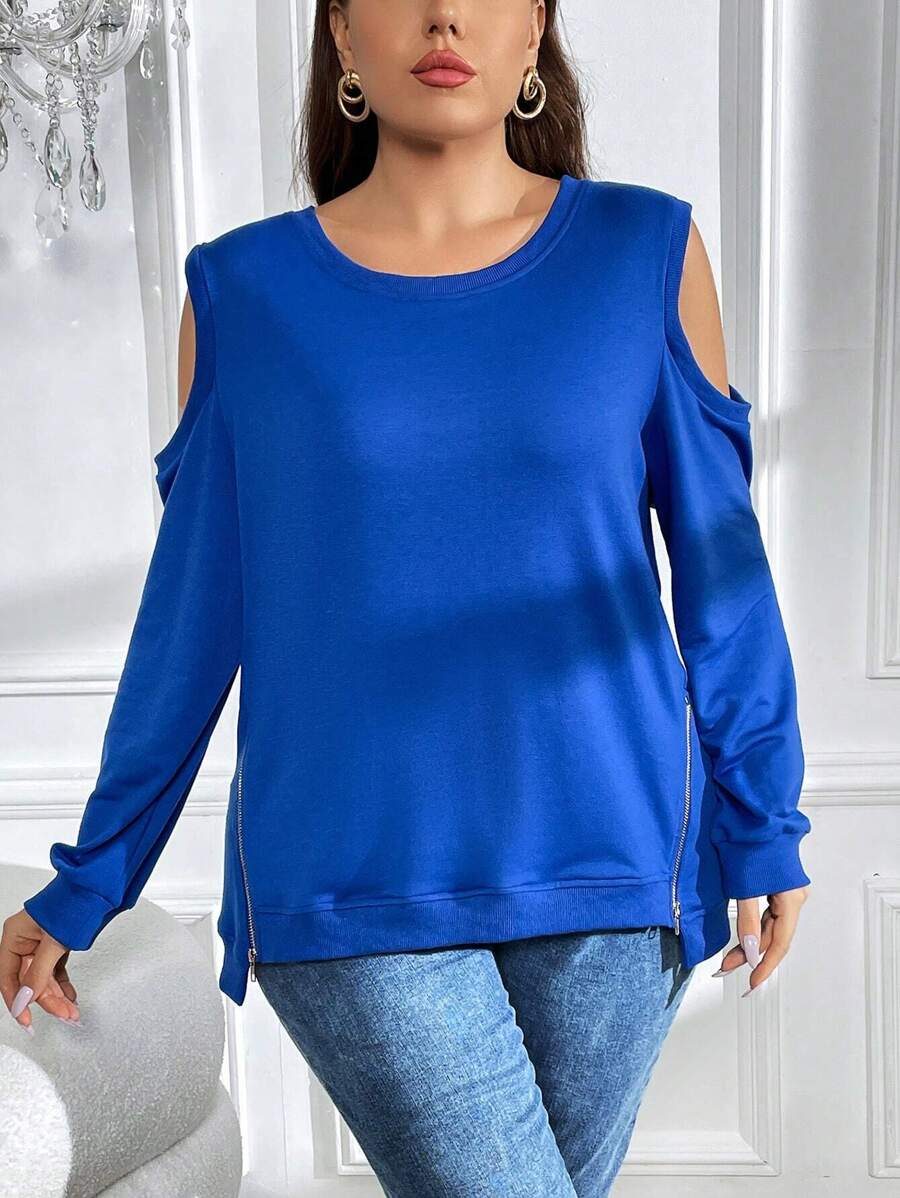 SHEIN LUNE Plus Cold Shoulder Zip Hem Sweatshirt - Royal Blue - View 1