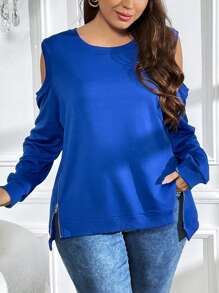 SHEIN LUNE Plus Cold Shoulder Zip Hem Sweatshirt - Royal Blue - View 4