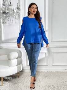 SHEIN LUNE Plus Cold Shoulder Zip Hem Sweatshirt - Royal Blue - View 5