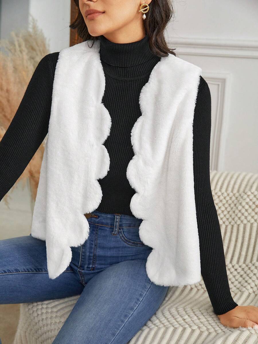 SHEIN Frenchy 1入組貝殼邊開門襟馬甲毛絨大衣 - 白色 - 查看 1