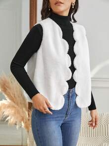 SHEIN Frenchy 1入組貝殼邊開門襟馬甲毛絨大衣 - 白色 - 查看 5