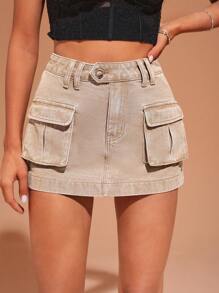 SHEIN BAE Flap Pocket Denim Skirt - Camel - View 1