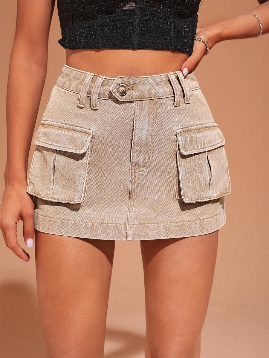 SHEIN BAE Flap Pocket Denim Skirt - Camel - View 1