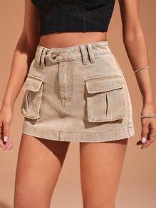 SHEIN BAE Flap Pocket Denim Skirt - Camel - View 4