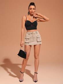 SHEIN BAE Flap Pocket Denim Skirt - Camel - View 5