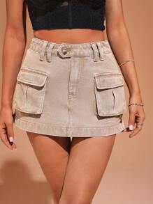 SHEIN BAE Flap Pocket Denim Skirt - Camel - View 6