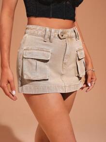SHEIN BAE Flap Pocket Denim Skirt - Camel - View 7