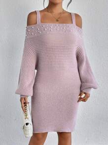 SHEIN LUNE 挖肩珍珠串珠毛衣洋裝 - 藕粉色 - 查看 1