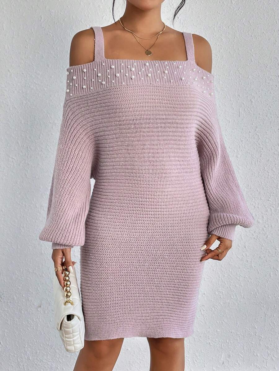 SHEIN LUNE 挖肩珍珠串珠毛衣洋裝 - 藕粉色 - 查看 1