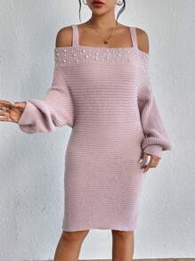 SHEIN LUNE 挖肩珍珠串珠毛衣洋裝 - 藕粉色 - 查看 5