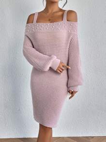 SHEIN LUNE 挖肩珍珠串珠毛衣洋裝 - 藕粉色 - 查看 6