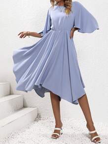 SHEIN Clasi 素色不對稱下擺A字連衣裙 - 霧霾藍 - 查看 6