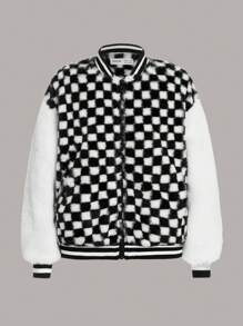 SHEIN Tween Boy Checker Pattern Striped Trim Fuzzy Coat Without Jumper - Black and White - View 2