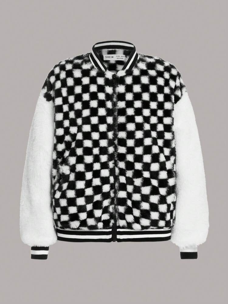 Tween Boy Checker Pattern Striped Trim Fuzzy Coat Without Sweater