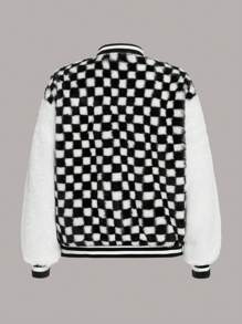 SHEIN Tween Boy Checker Pattern Striped Trim Fuzzy Coat Without Jumper - Black and White - View 3