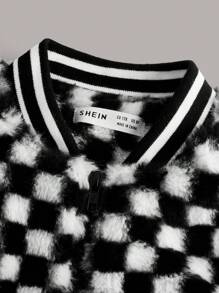 SHEIN Tween Boy Checker Pattern Striped Trim Fuzzy Coat Without Jumper - Black and White - View 6